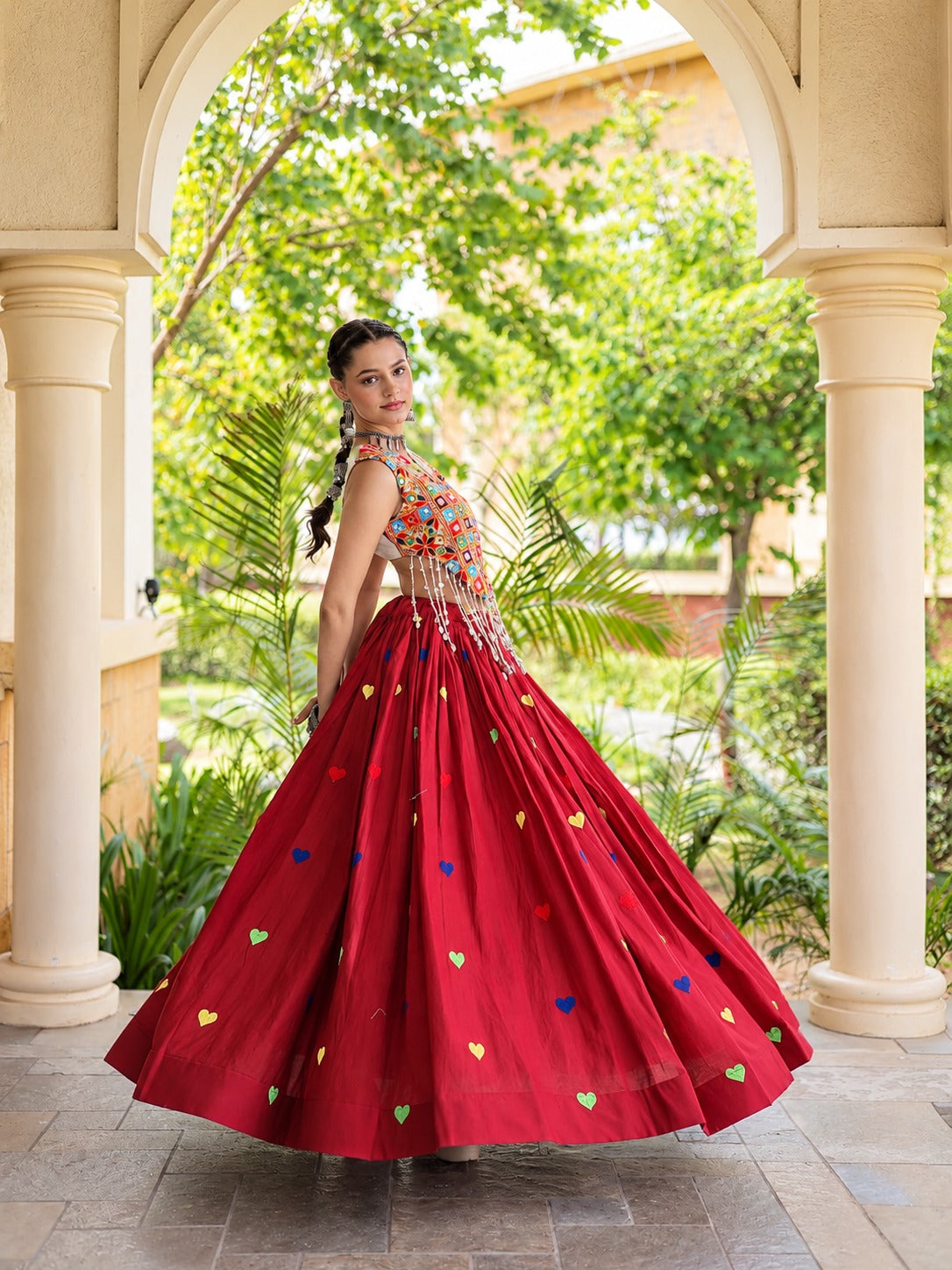Aarohi Olive Red Gamthi Mirror Work Cotton Lehenga Set