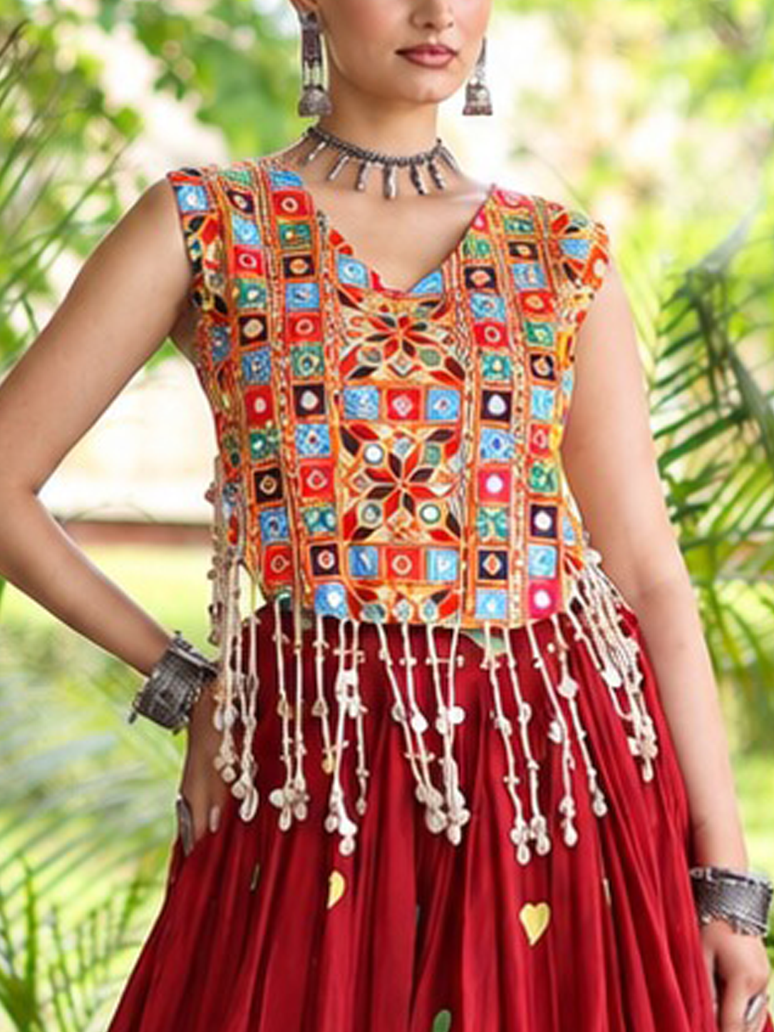 Aarohi Olive Red Gamthi Mirror Work Cotton Lehenga Set