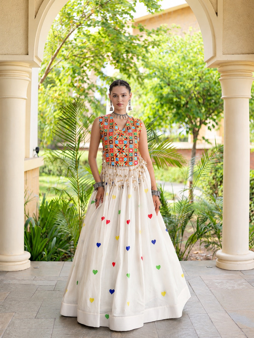 Aarohi Olive White Gamthi Mirror Work Cotton Lehenga Set