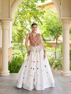 Aarohi Olive White Gamthi Mirror Work Cotton Lehenga Set