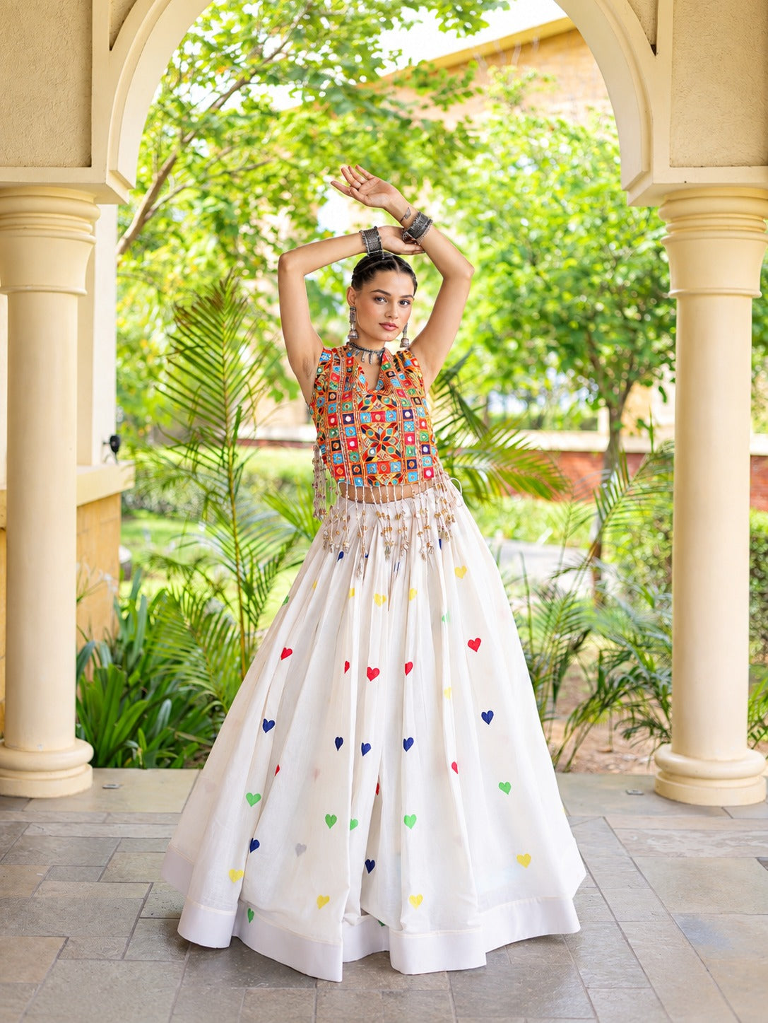 Aarohi Olive White Gamthi Mirror Work Cotton Lehenga Set