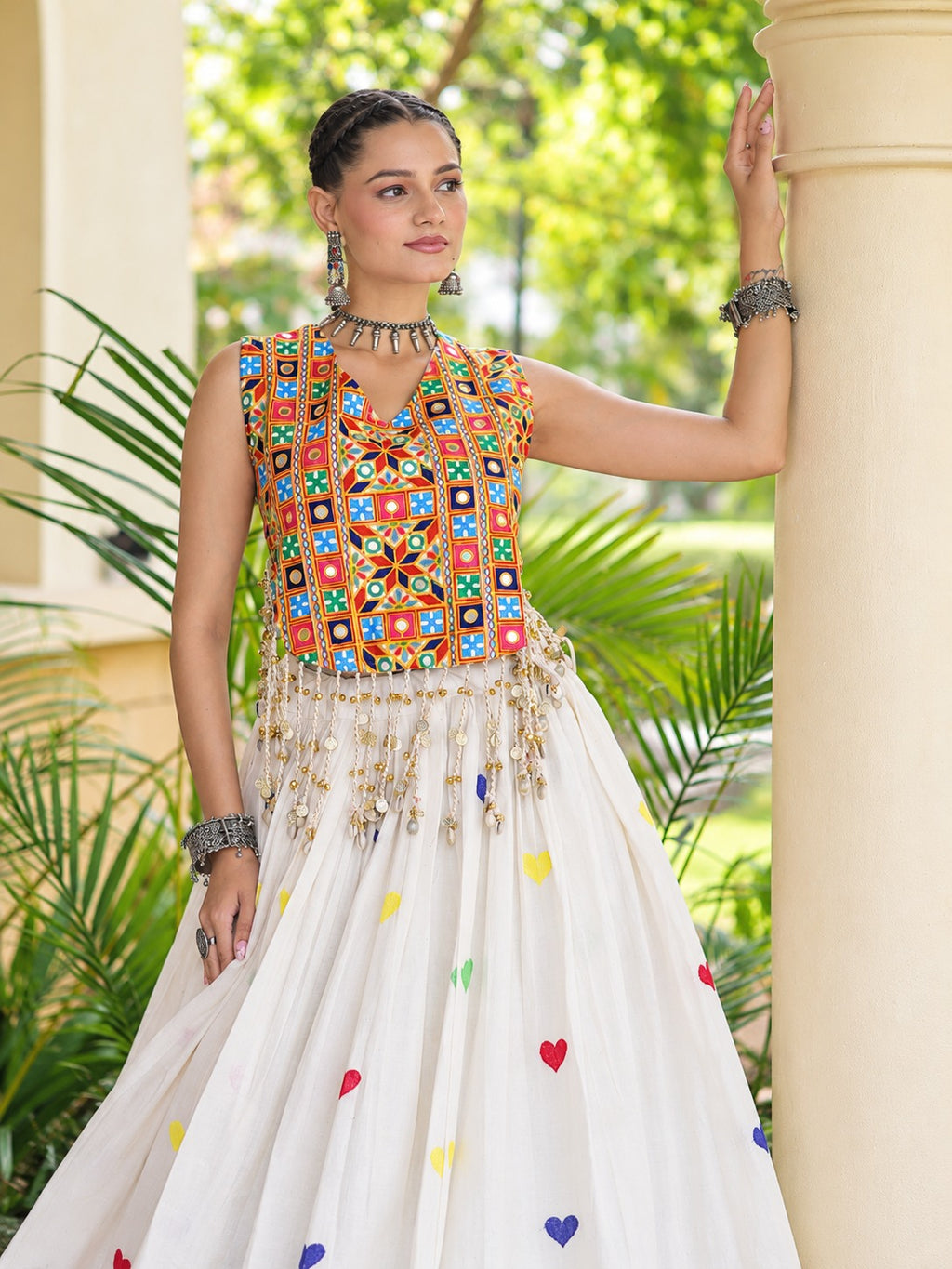 Aarohi Olive White Gamthi Mirror Work Cotton Lehenga Set