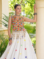Aarohi Olive White Gamthi Mirror Work Cotton Lehenga Set