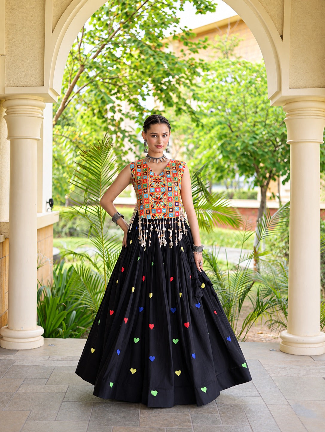 Aarohi Olive Black Gamthi Mirror Work Cotton Lehenga Set