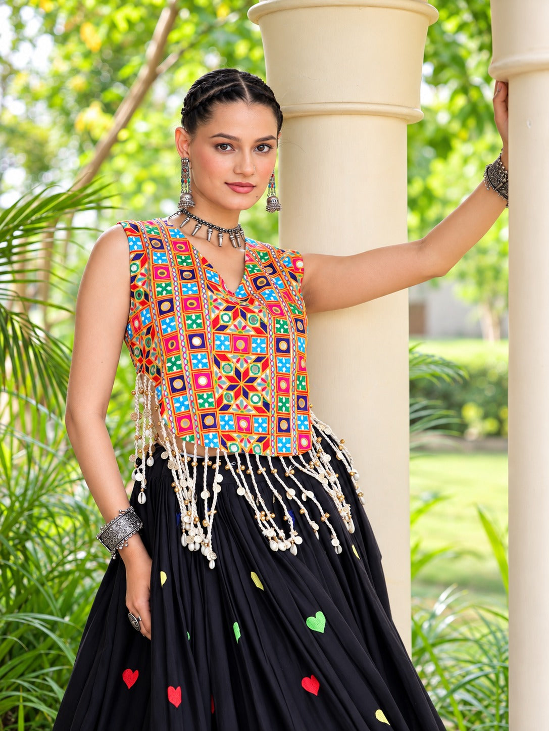 Aarohi Olive Black Gamthi Mirror Work Cotton Lehenga Set