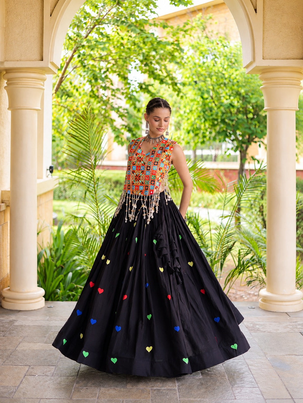 Aarohi Olive Black Gamthi Mirror Work Cotton Lehenga Set