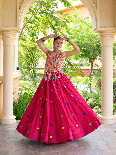 Aarohi Olive Pink Gamthi Mirror Work Cotton Lehenga Set
