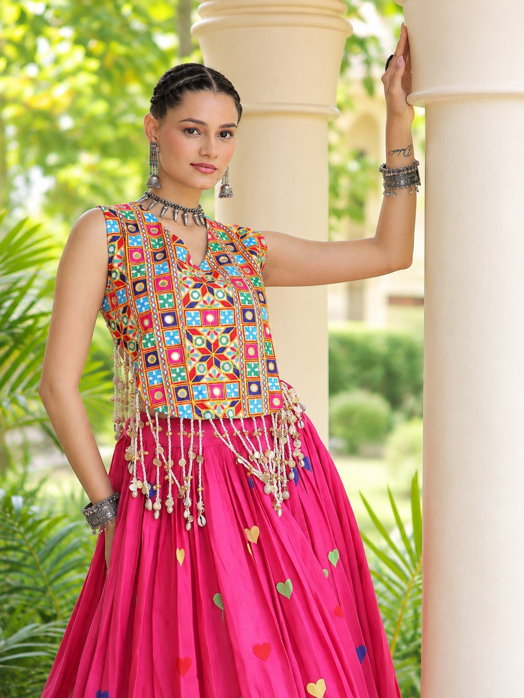 Aarohi Olive Pink Gamthi Mirror Work Cotton Lehenga Set