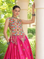 Aarohi Olive Pink Gamthi Mirror Work Cotton Lehenga Set