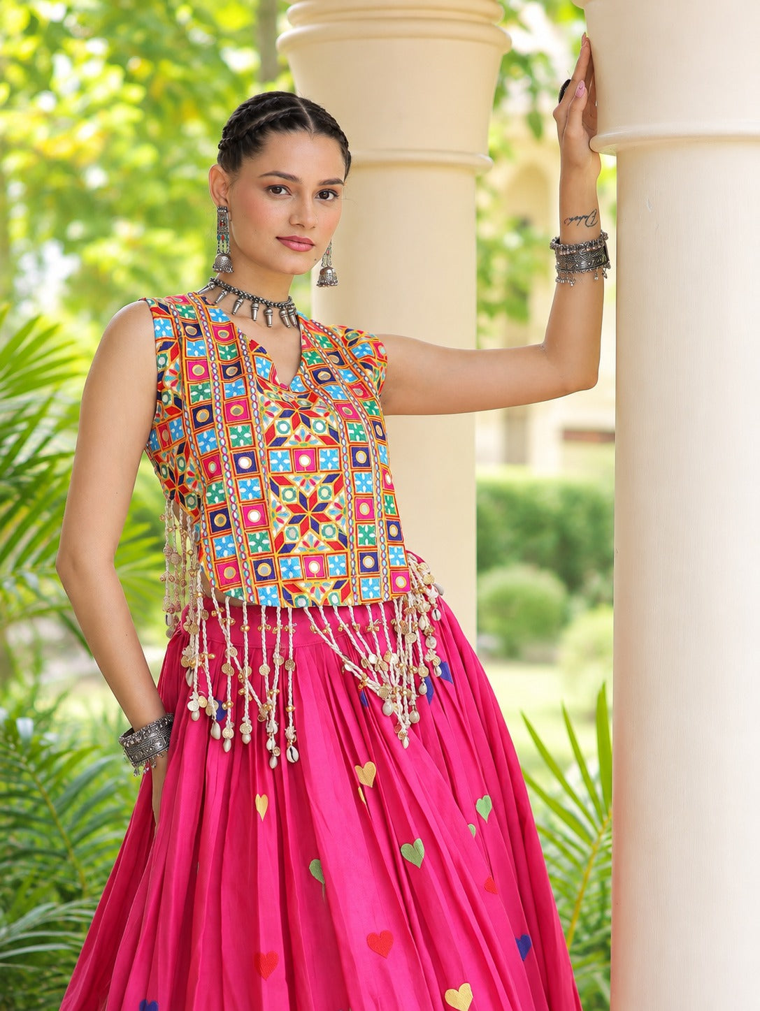 Aarohi Olive Pink Gamthi Mirror Work Cotton Lehenga Set