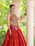 Aarohi Olive Orange Gamthi Mirror Work Cotton Lehenga Set
