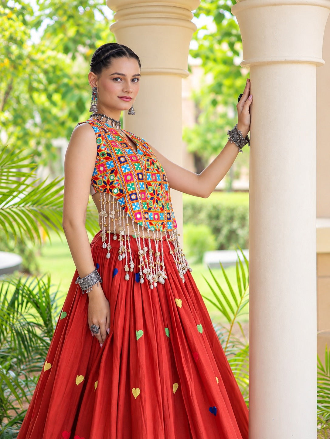 Aarohi Olive Orange Gamthi Mirror Work Cotton Lehenga Set
