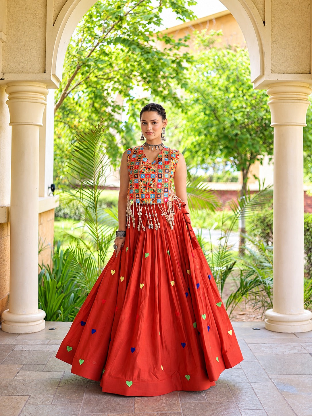 Aarohi Olive Orange Gamthi Mirror Work Cotton Lehenga Set