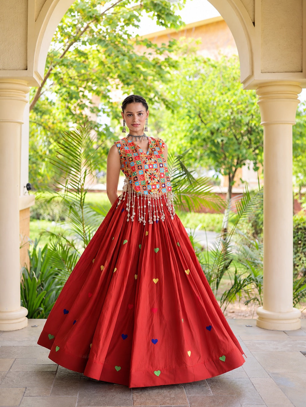 Aarohi Olive Orange Gamthi Mirror Work Cotton Lehenga Set