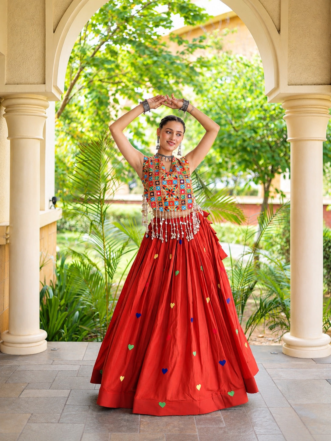 Aarohi Olive Orange Gamthi Mirror Work Cotton Lehenga Set