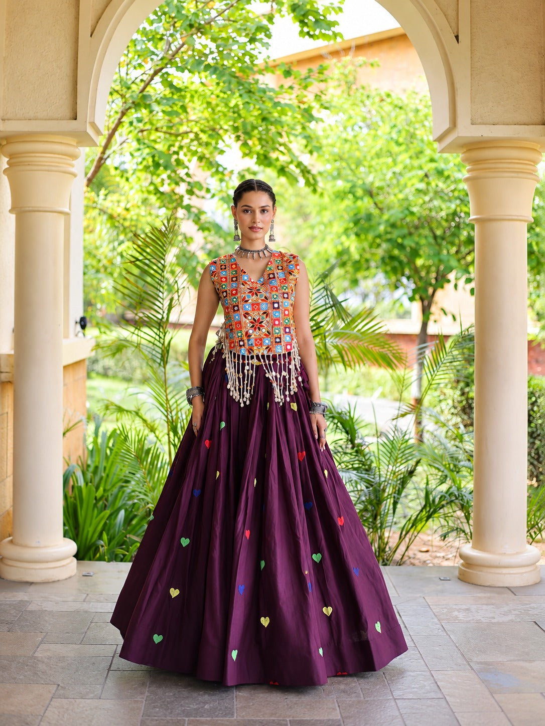 Aarohi Olive dark purple Gamthi Mirror Work Cotton Lehenga Set