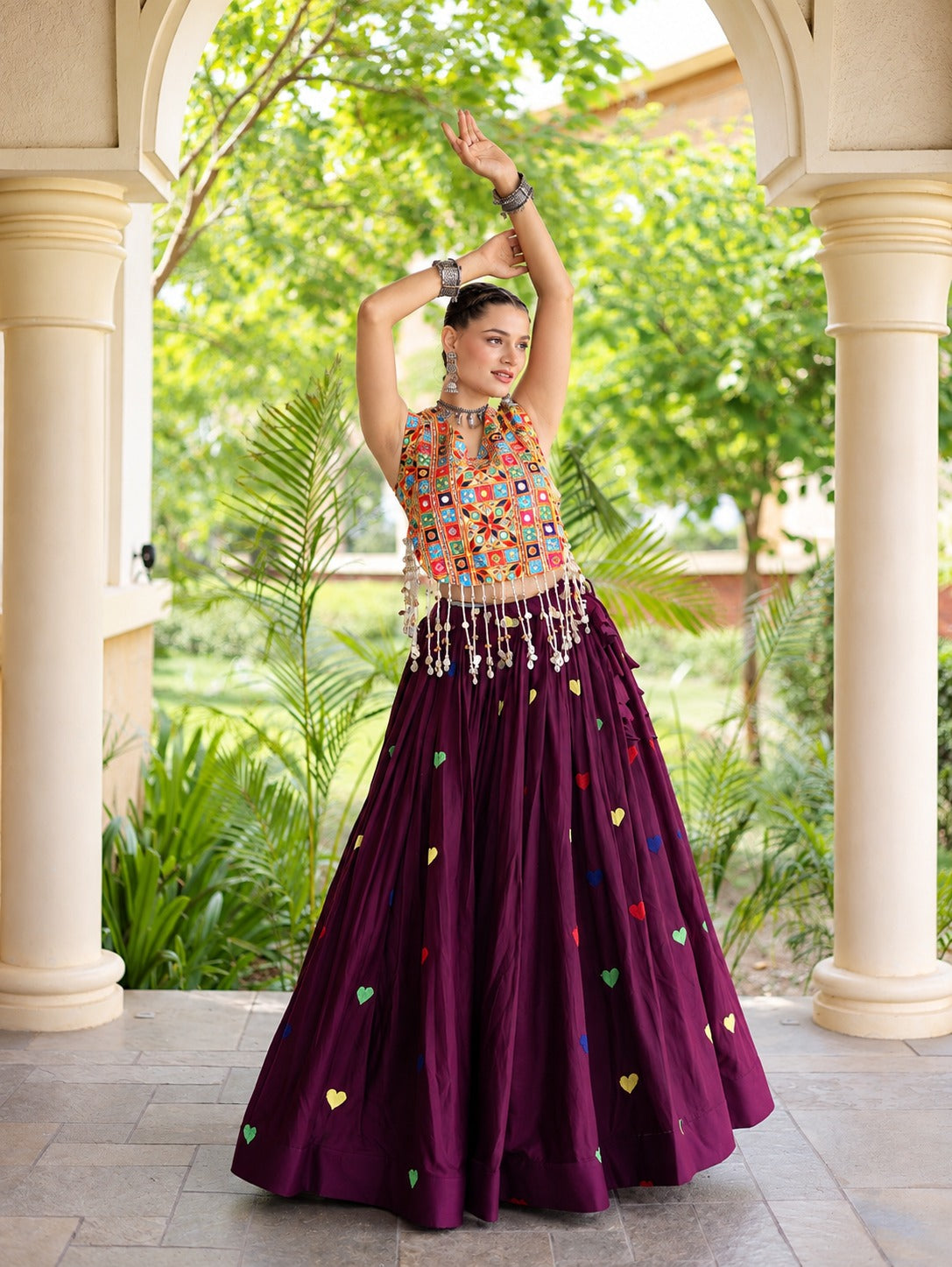 Aarohi Olive dark purple Gamthi Mirror Work Cotton Lehenga Set
