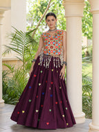 Aarohi Olive dark purple Gamthi Mirror Work Cotton Lehenga Set