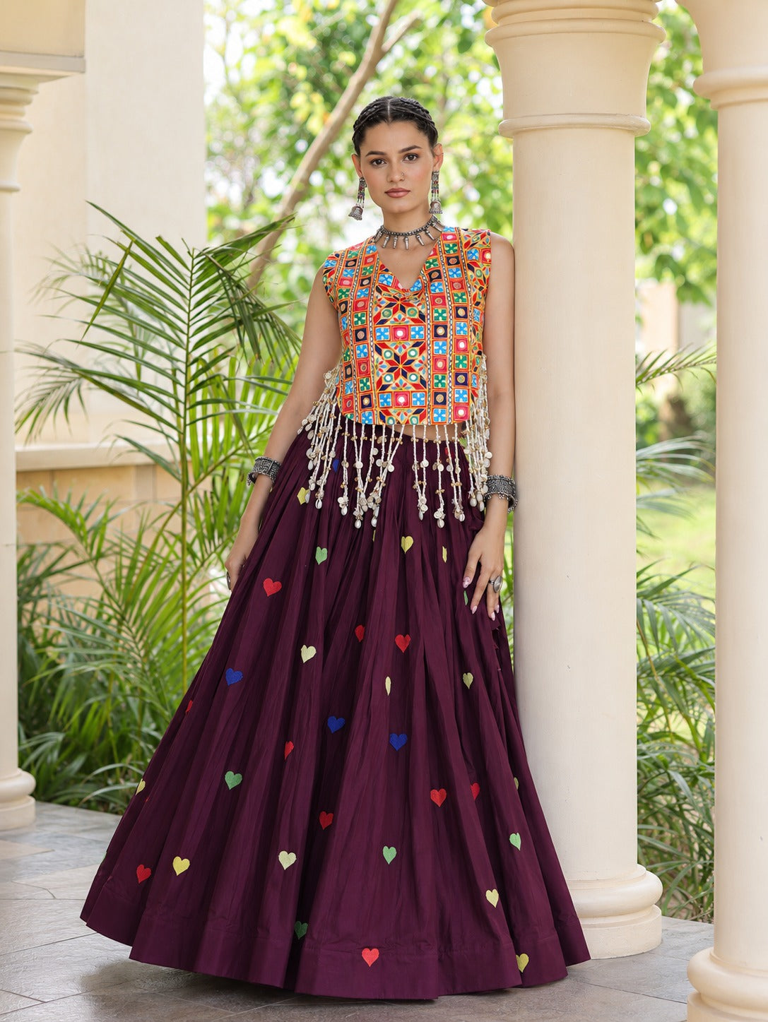 Aarohi Olive dark purple Gamthi Mirror Work Cotton Lehenga Set