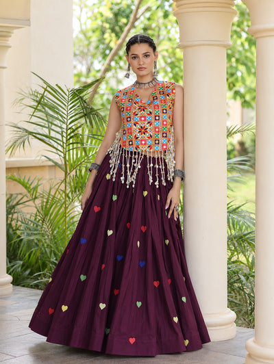 Aarohi Olive dark purple Gamthi Mirror Work Cotton Lehenga Set
