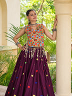Aarohi Olive dark purple Gamthi Mirror Work Cotton Lehenga Set
