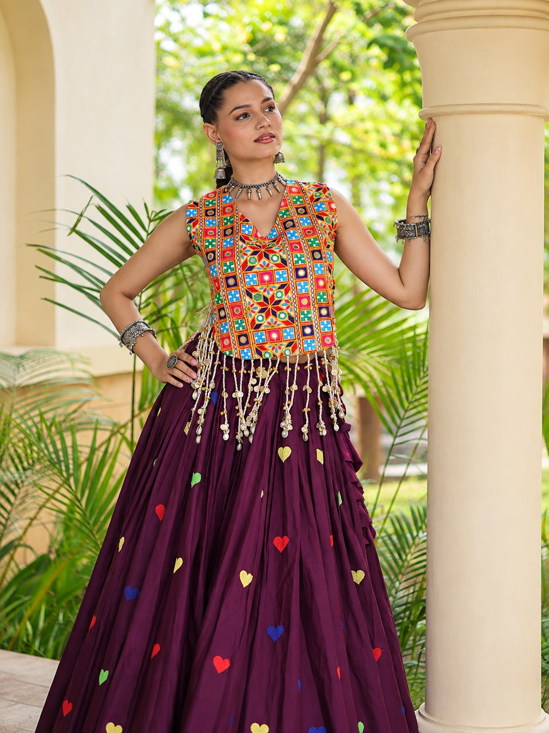 Aarohi Olive dark purple Gamthi Mirror Work Cotton Lehenga Set