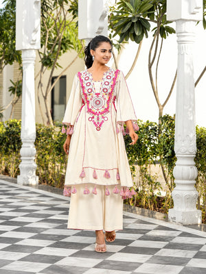 Shanaya Premium Khadi Cotton Embroidered Kurta Palazzo Set