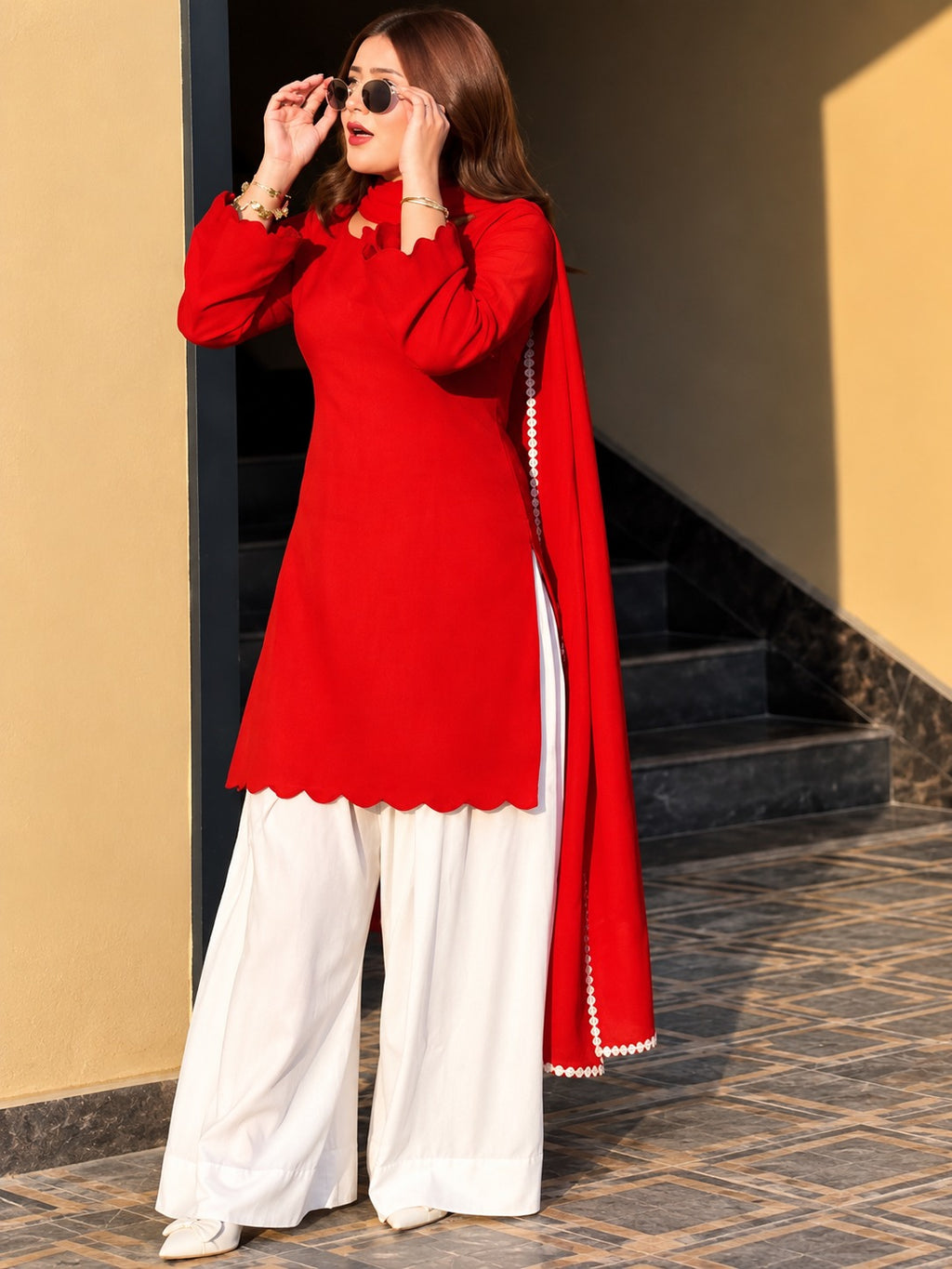 Vani Red & White Pure Mull Chanderi Palazzo Kurta Suit Set