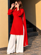 Vani Red & White Pure Mull Chanderi Palazzo Kurta Suit Set