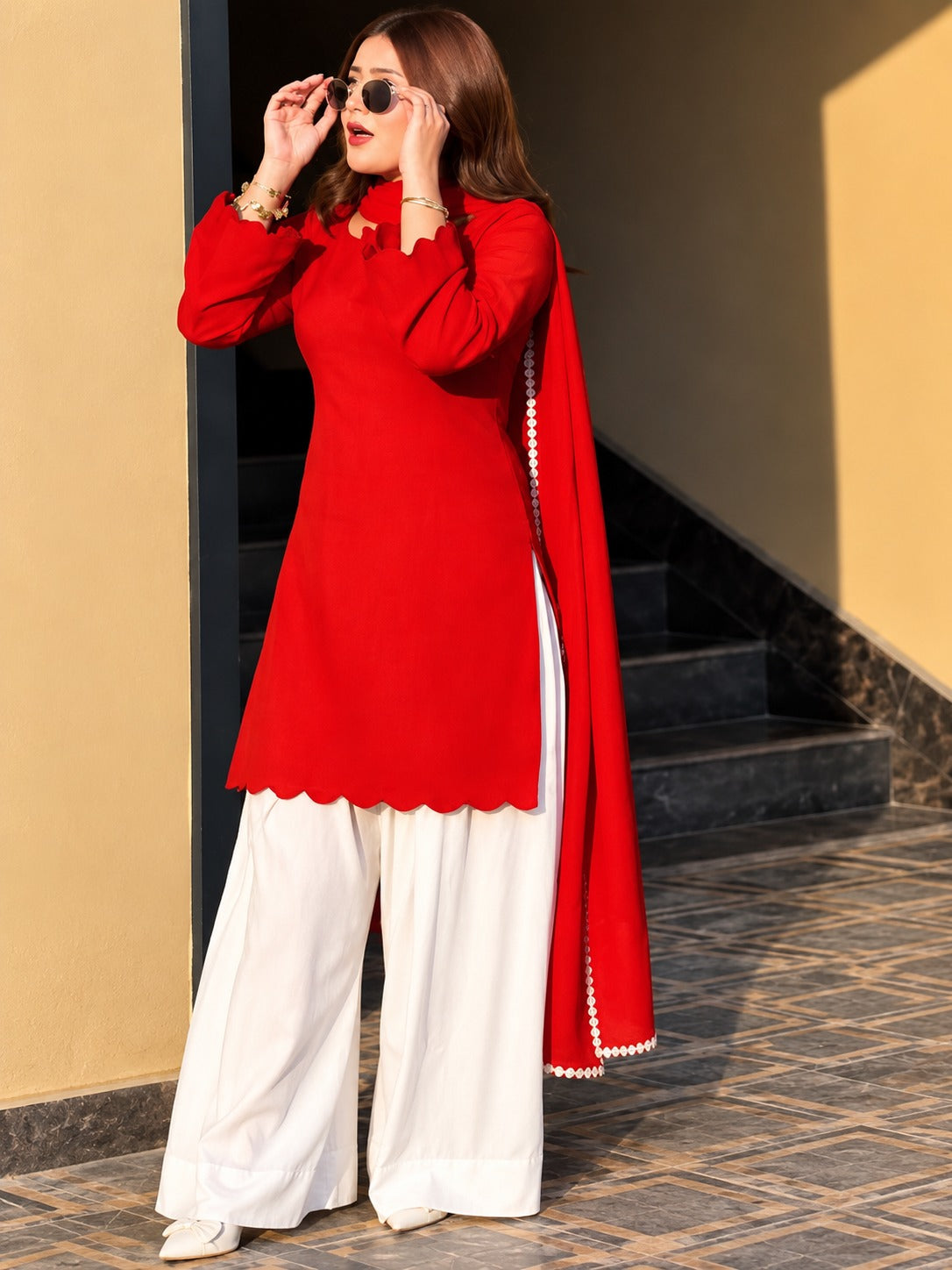 Vani Red & White Pure Mull Chanderi Palazzo Kurta Suit Set