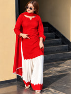 Vani Red & White Pure Mull Chanderi Palazzo Kurta Suit Set