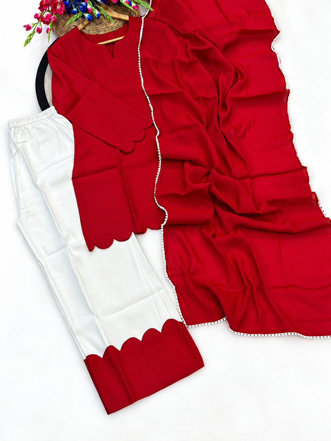 Vani Red & White Pure Mull Chanderi Palazzo Kurta Suit Set