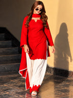 Vani Red & White Pure Mull Chanderi Palazzo Kurta Suit Set