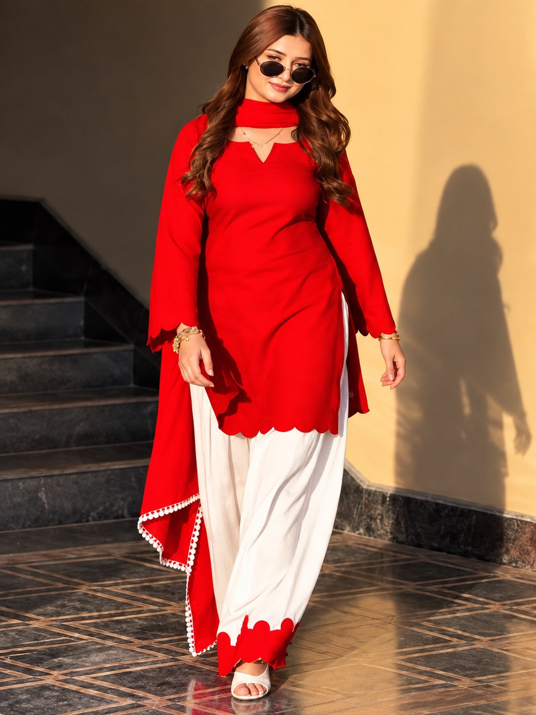 Vani Red & White Pure Mull Chanderi Palazzo Kurta Suit Set