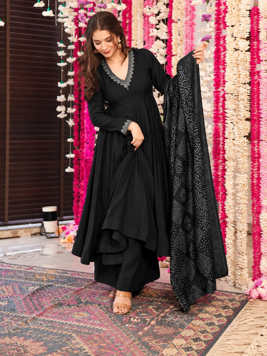 Maya Black Viscose Embroidered Anarkali Suit Set with Chanderi Dupatta