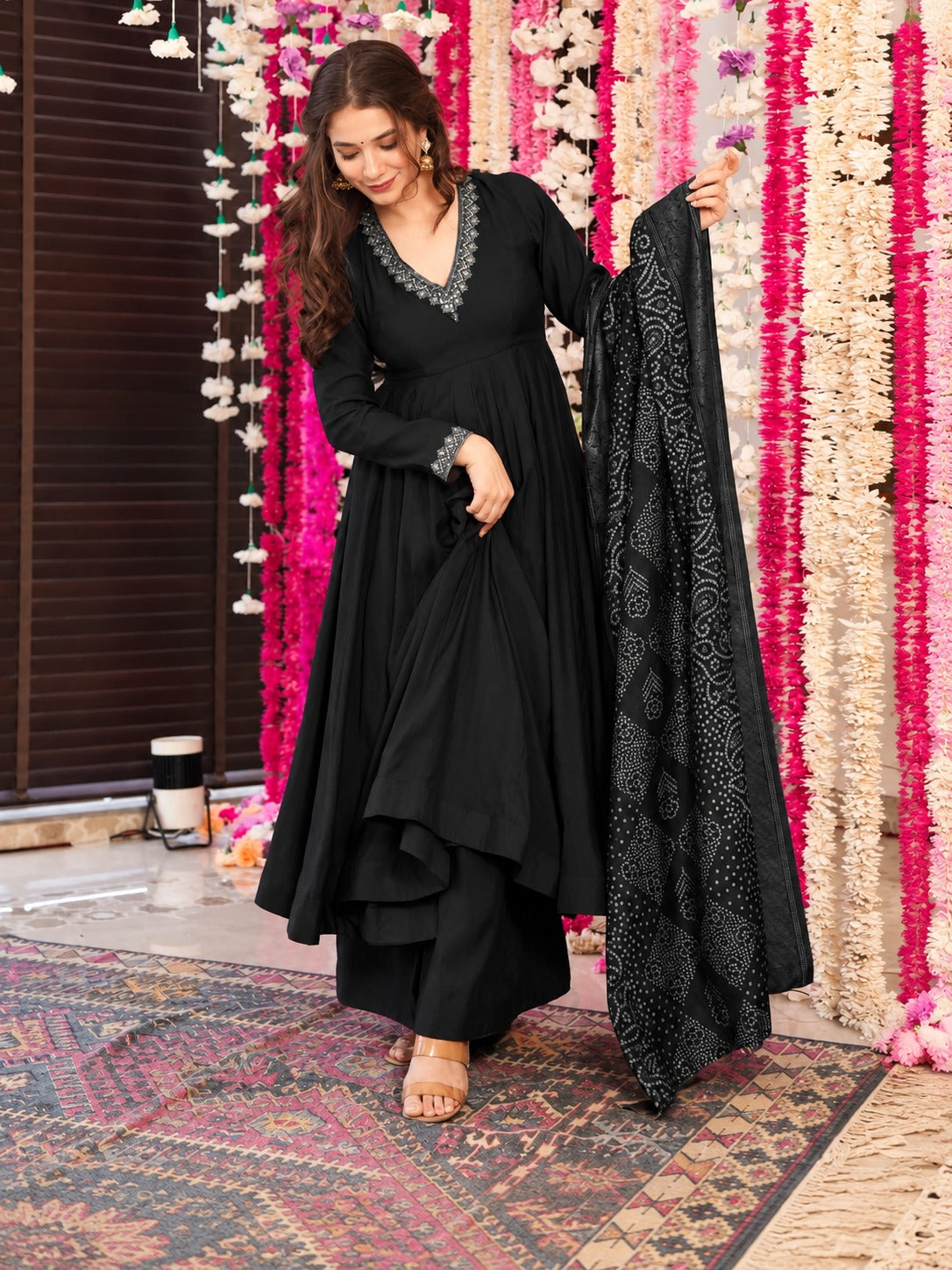 Maya Black Viscose Embroidered Anarkali Suit Set with Chanderi Dupatta