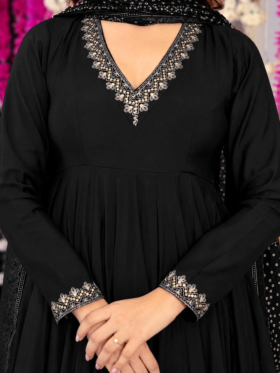 Maya Black Viscose Embroidered Anarkali Suit Set with Chanderi Dupatta