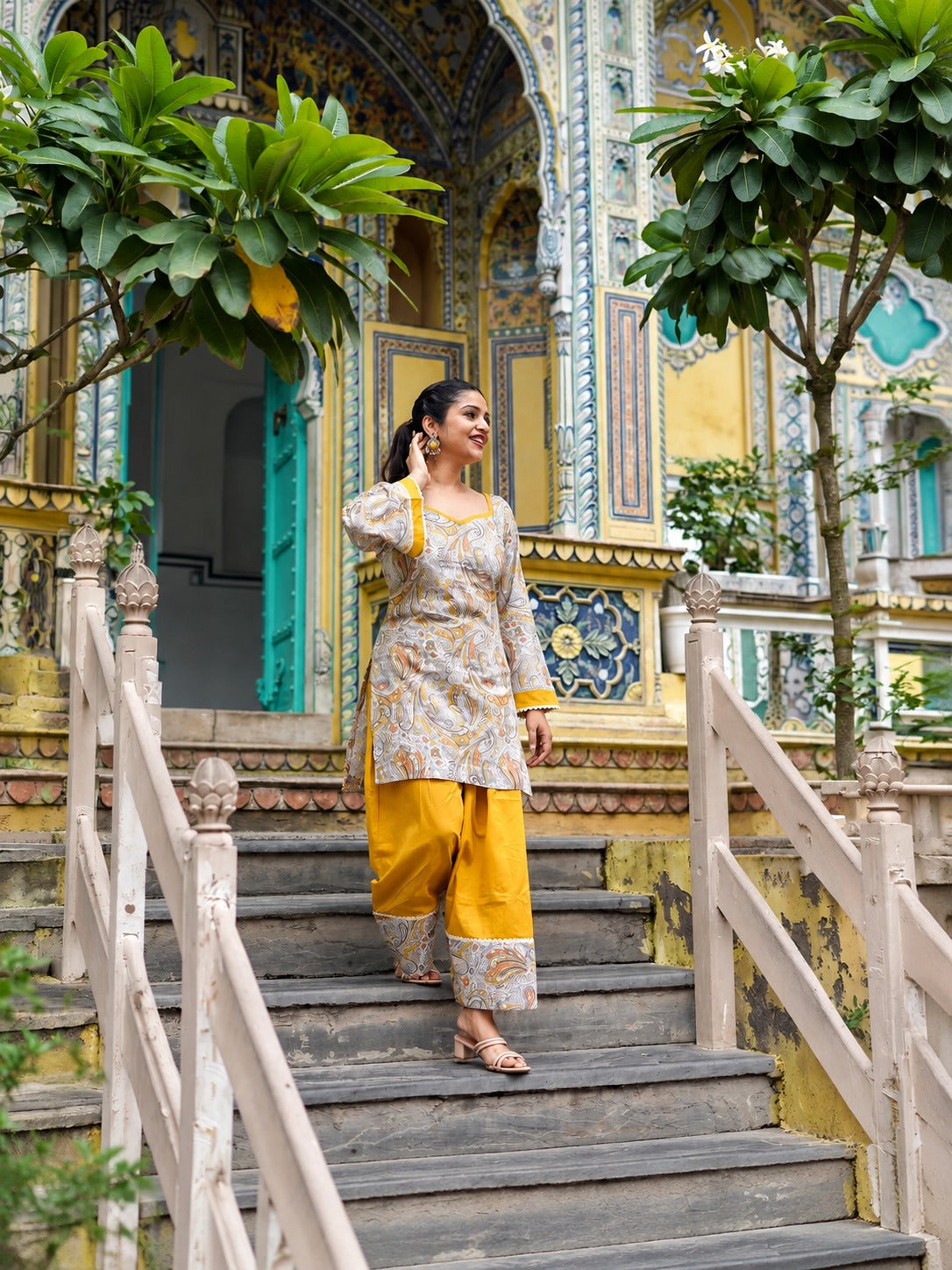 Diya Pure Khadi Cotton Embroidered Kurta Palazzo Set