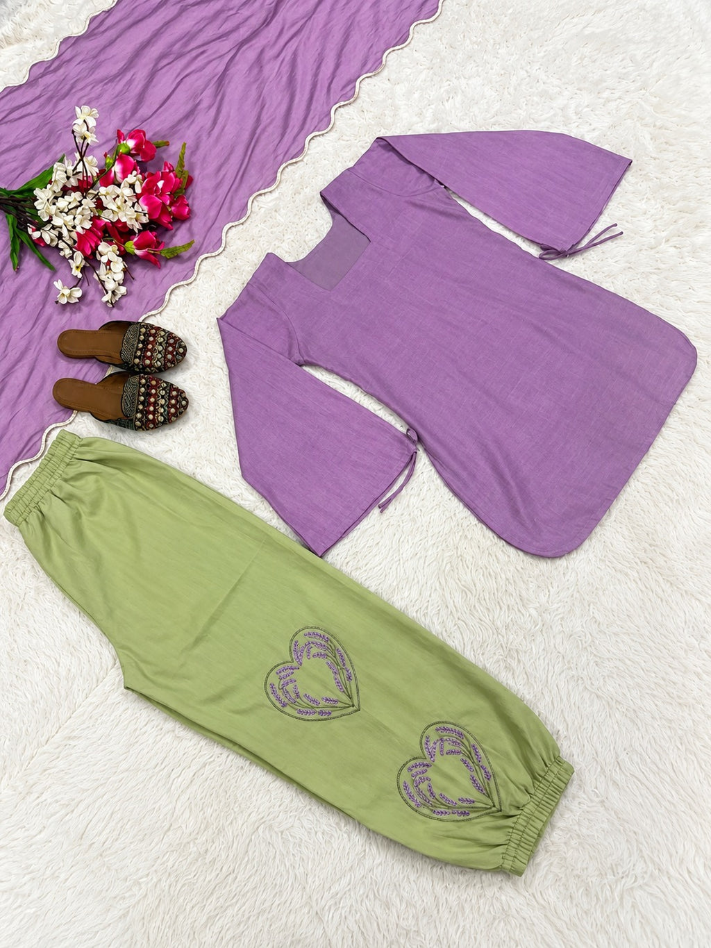 Mila Lavender Mal Chanderi Cotton Embroidered Balloon Pant Kruta set