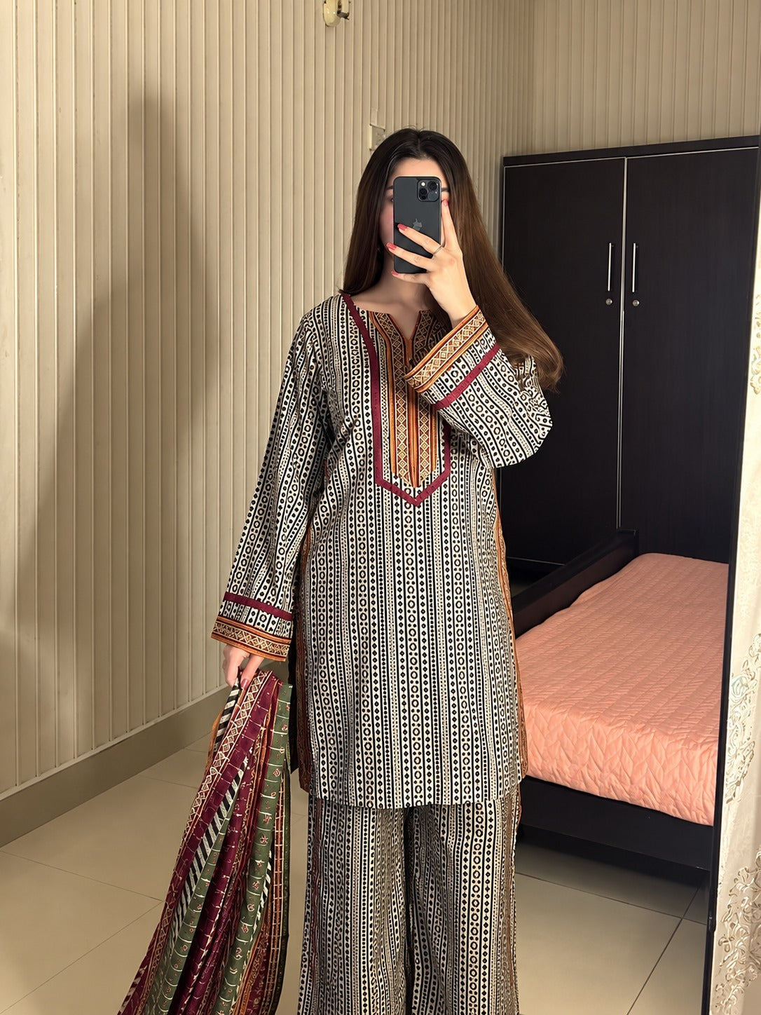 Vera Black & White Chinnon Silk Digital Print Farshi Salwar Suit Set