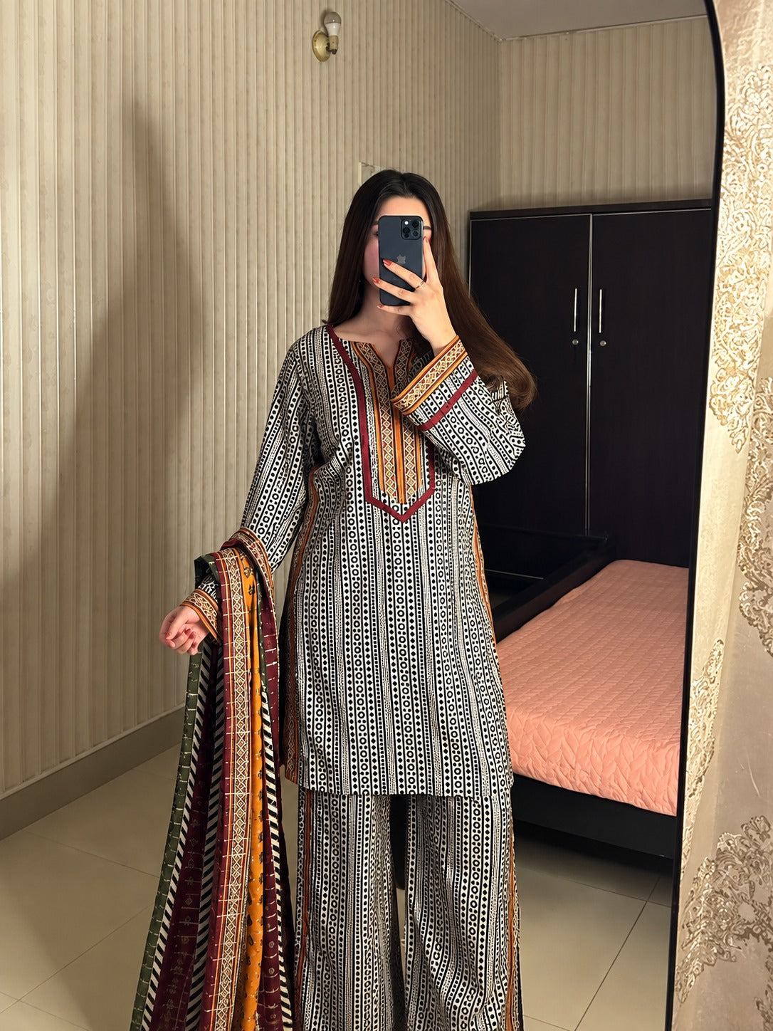Vera Black & White Chinnon Silk Digital Print Farshi Salwar Suit Set