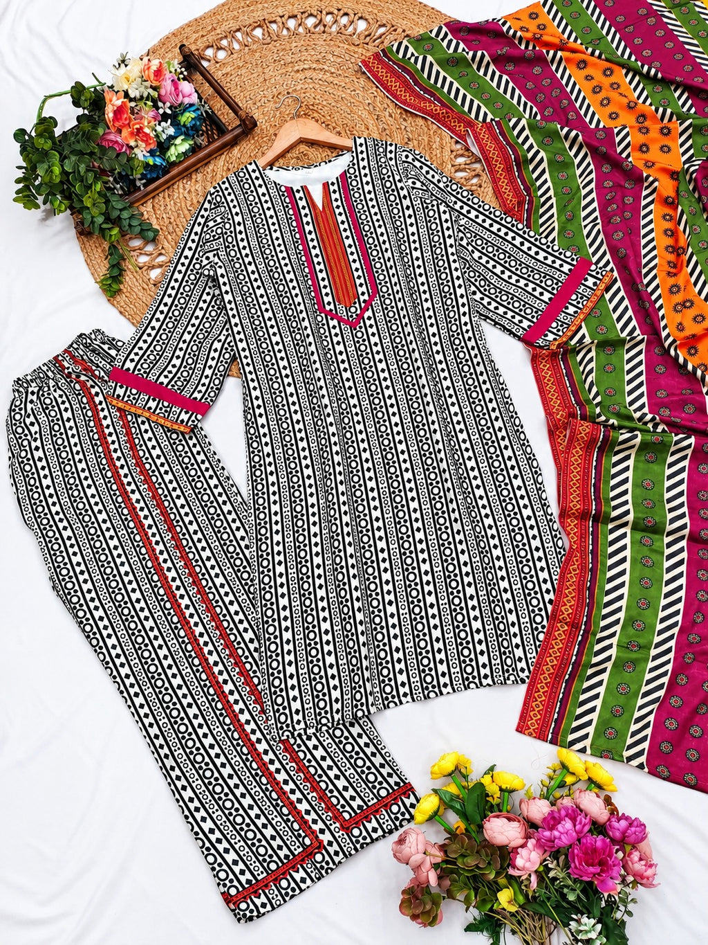 Vera Black & White Chinnon Silk Digital Print Farshi Salwar Suit Set