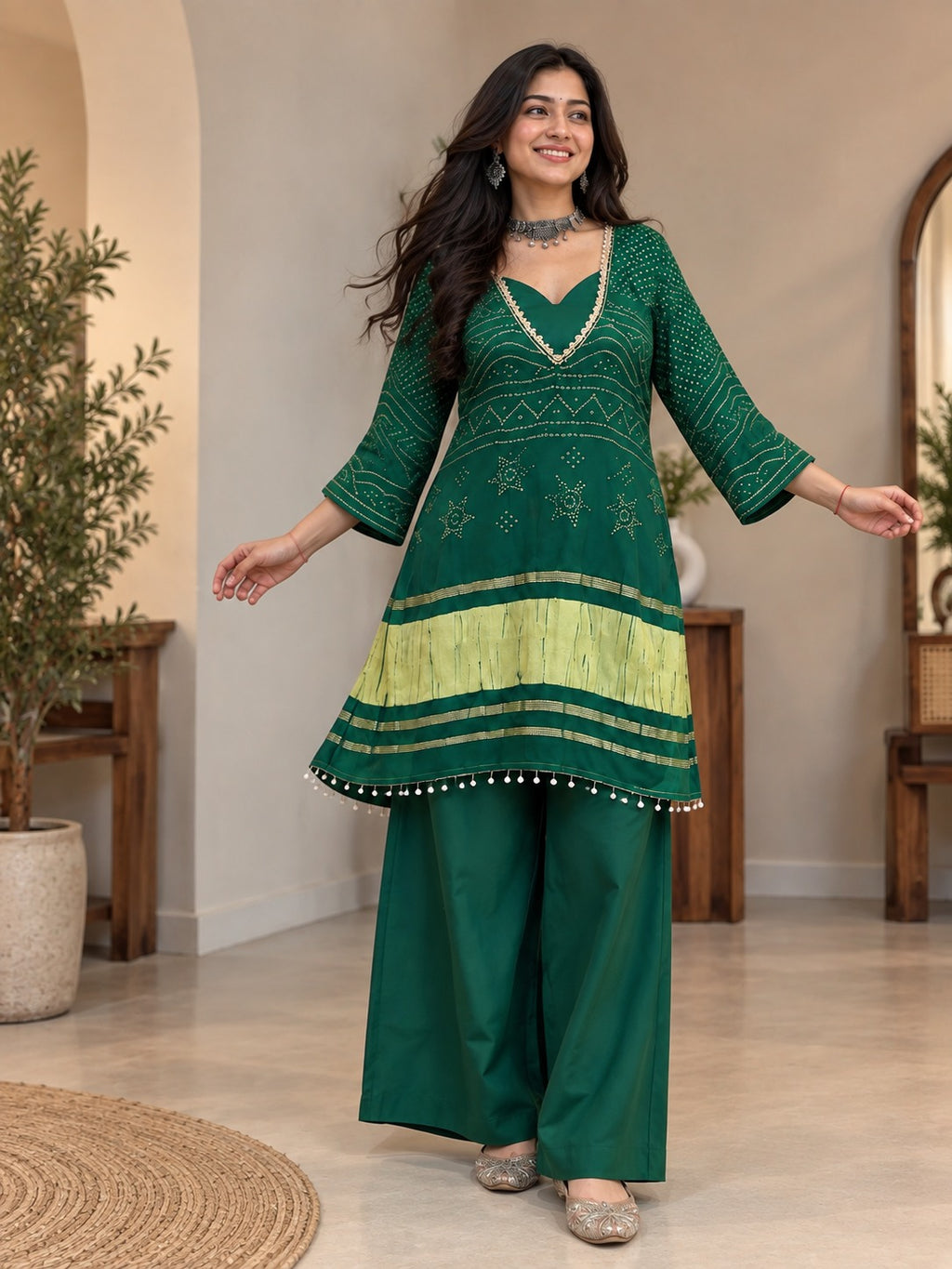 Meher Emerald Green Heavy Georgette 3-Piece Co-ord Set with Chinon Pant