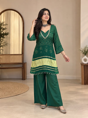 Meher Emerald Green Heavy Georgette 3-Piece Co-ord Set with Chinon Pant