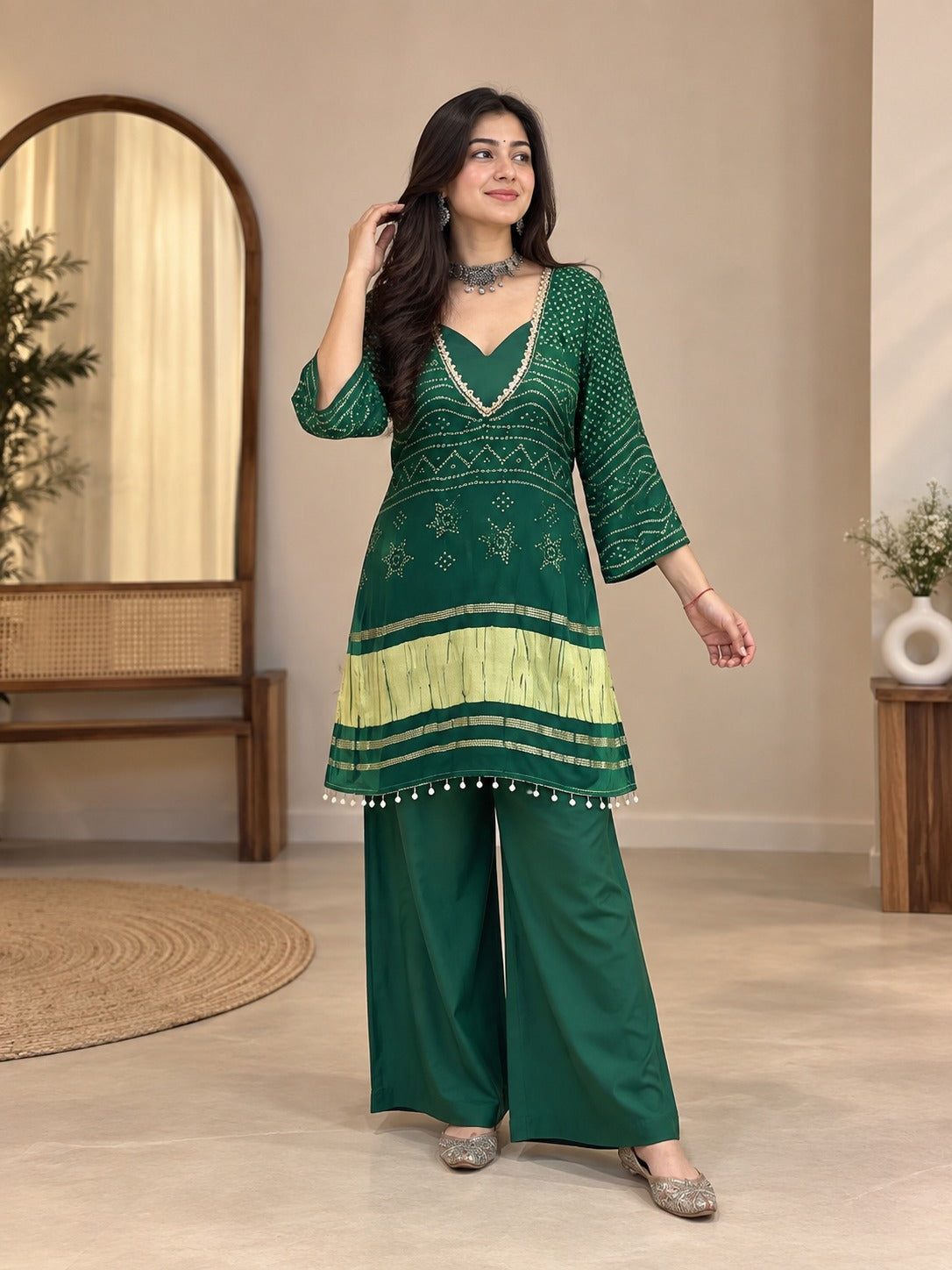 Meher Emerald Green Heavy Georgette 3-Piece Co-ord Set with Chinon Pant