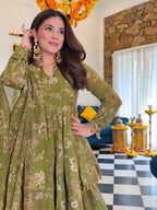 Richa Olive Green Tabby Organza Digital Print Palazzo Suit Set