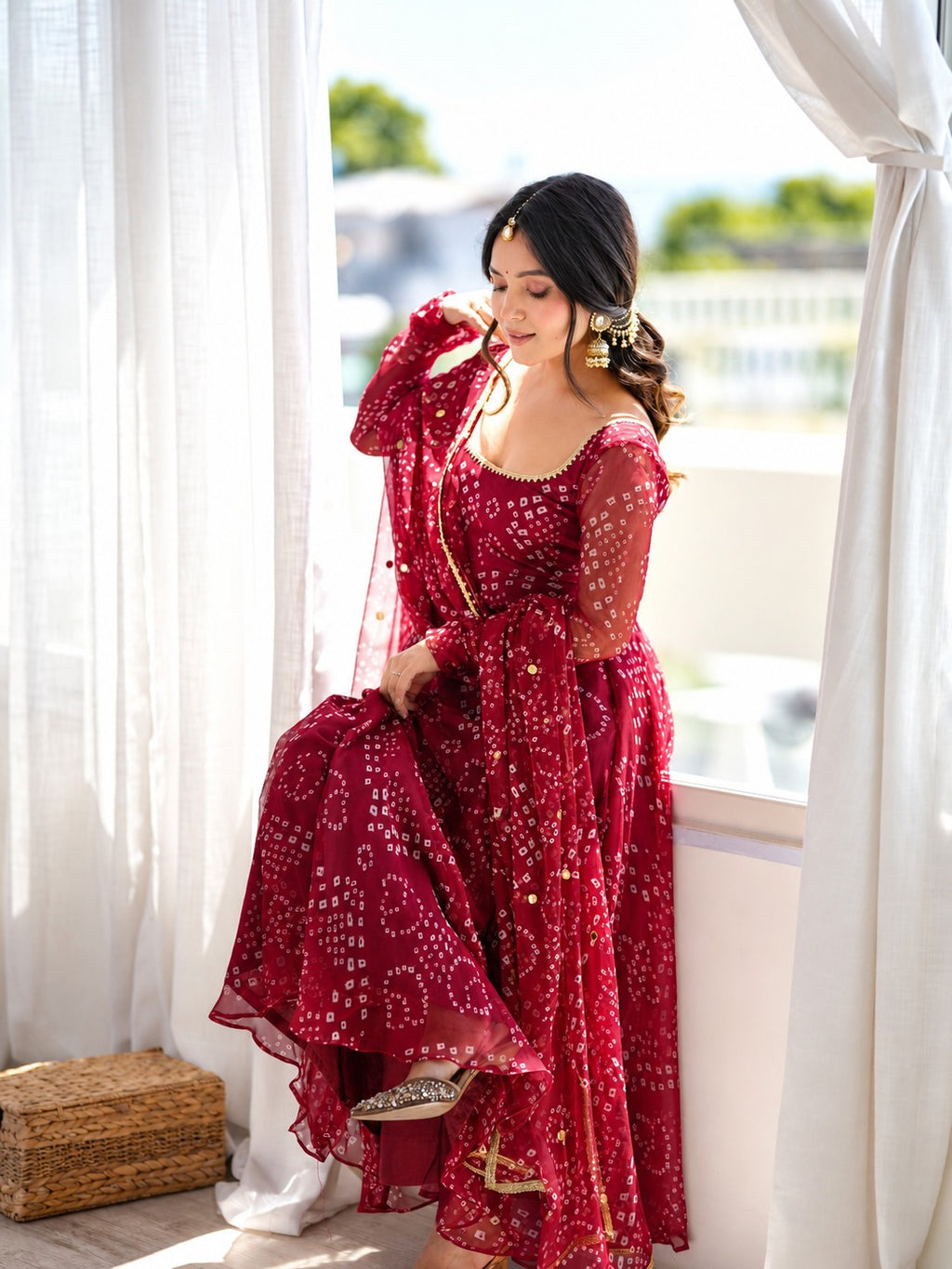Trisha Maroon Original Bandhani Print Anarkali Suit Set