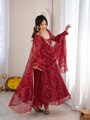 Trisha Maroon Original Bandhani Print Anarkali Suit Set