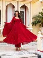 Siya Red Faux Georgette Embroidered Butti Anarkali Suit Set