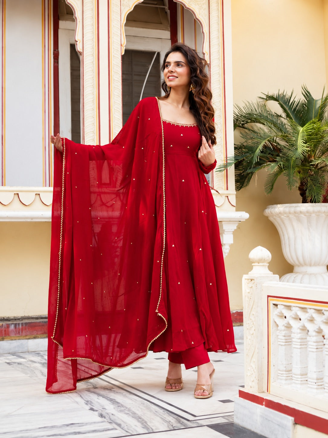 Siya Red Faux Georgette Embroidered Butti Anarkali Suit Set